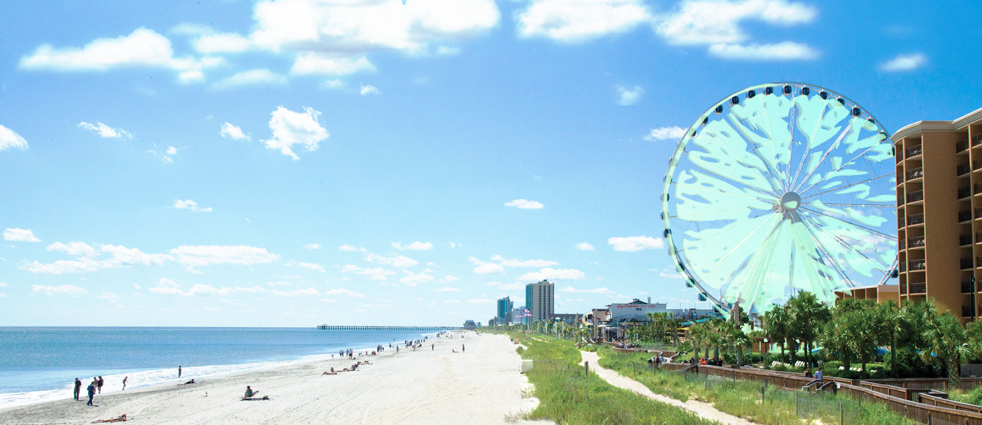 The Grand Strand coastline in Myrtle Beach, South Carolina, with the SkyWheel and oceanfront boardwalk