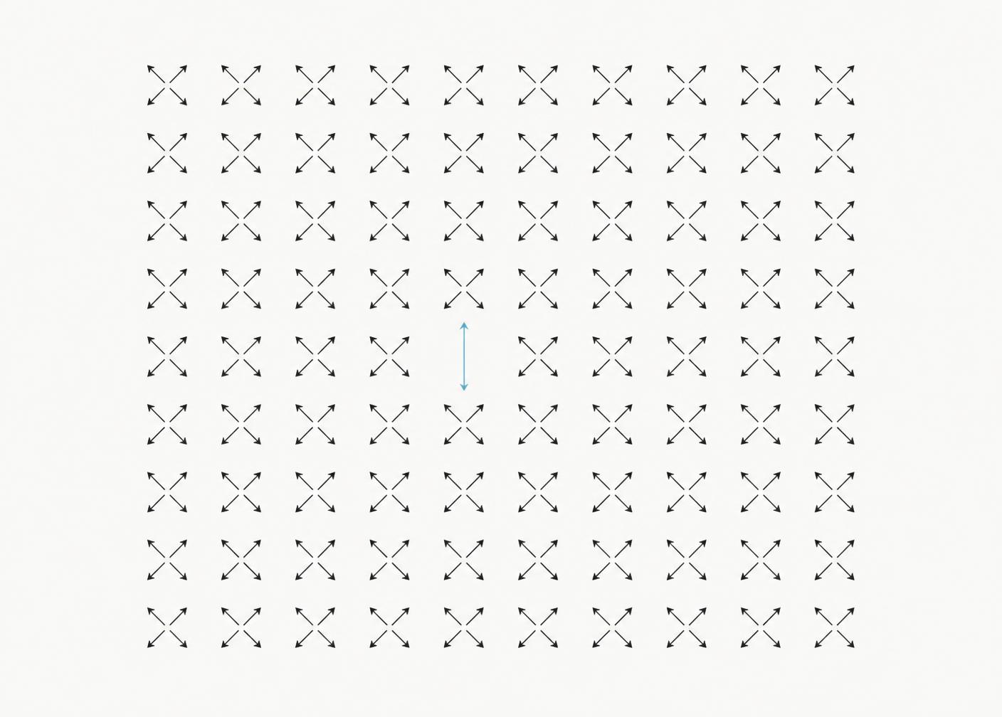 Abstract field of crossed arrow marks with a single blue arrow breaking the grid