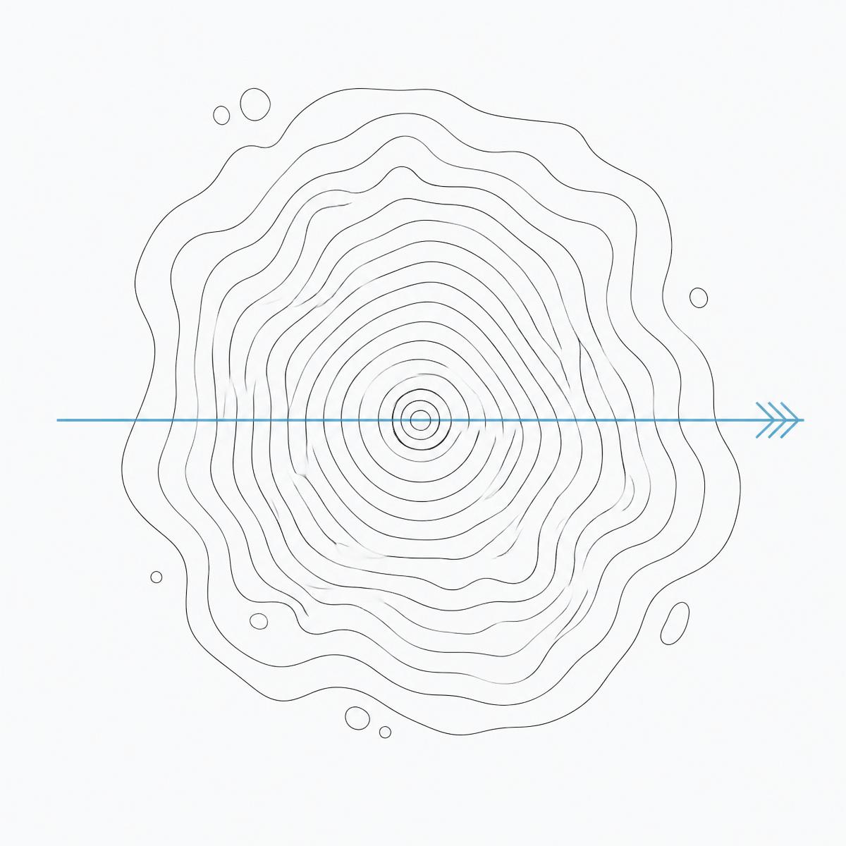 Abstract contour rings with a single arrow passing through the centre